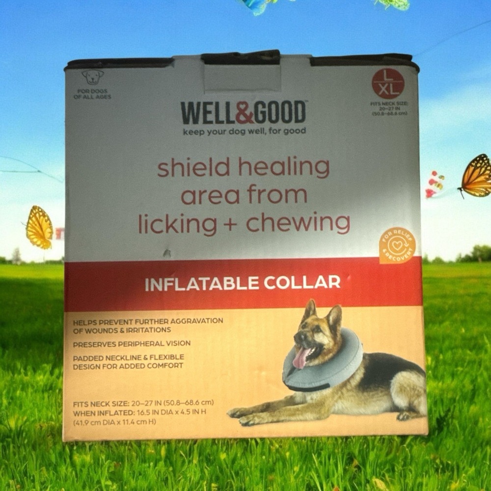 WELL & GOOD DURABLE INFLATABLE DOG COLLAR L/XL NECK 20"-27" Surgery No Licking